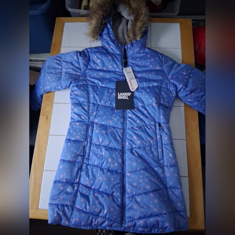 Lands End Girls 14/16 Thermoplume  Star Celestial Puffer Coat Faux Fur Hood New